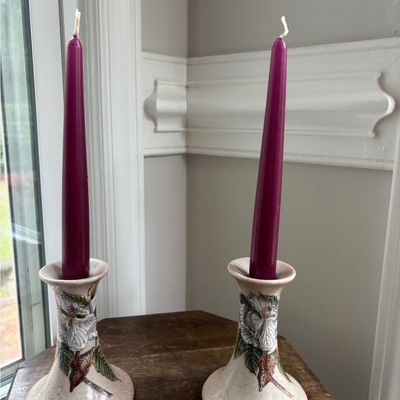 Elegant Ceramic Taper Candle Holders‎ Candlestick Holders Floral Painted - Picture 1 of 10
